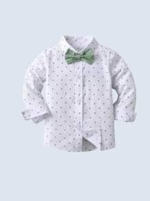BOARNSEORL 2pcs Baby Boys Gentleman Outfit, Long Sleeve Random Print Shirt With Bowknot And Suspender Pants, Fashionable & For Birthday Party, Wedding, Christening, 1st Birthday - Green - View 3