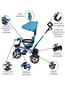 Triciclo Evolutivo para Niños Asiento Giratorio 360 Luz Capota (SOLO COMPRAR 1 PIEZA A LA VEZ) - Azul - Ver 2
