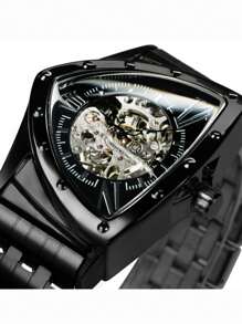 T-WINNER 男款黑色三角形中空運動頂級品牌豪華不鏽鋼腕帶商務休閒自動機械腕表時尚手錶周年慶生日假日禮物附盒