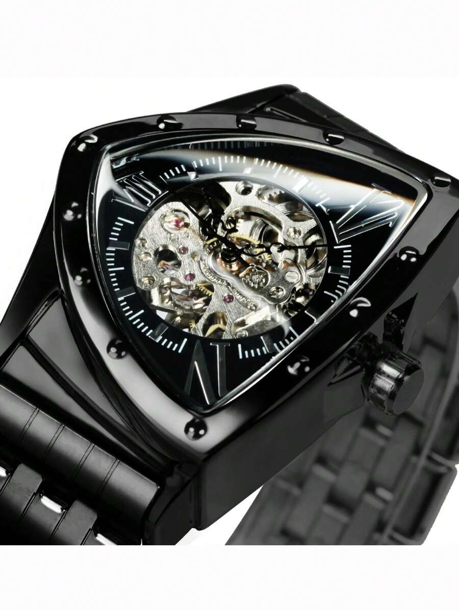 T-WINNER 男款黑色三角形中空運動頂級品牌豪華不鏽鋼腕帶商務休閒自動機械腕表時尚手錶周年慶生日假日禮物附盒