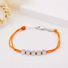 Moonmory 1條925純銀白晶石五移石頭橘色繩帶手鍊,女性聖誕禮物 0.8mm 厚度 18k 鍍金色