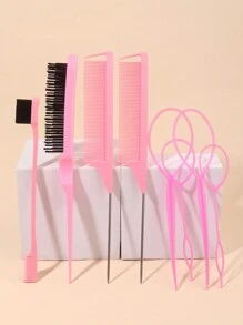 8入組專業髮型造型刷套裝,配有老鼠尾梳,邊緣刷和尼龍撕裂刷-輕鬆達成完美髮型,2入老鼠尾梳,1入多功能兩用梳/髮邊刷,4入髮辮工具,1入髮刷/梳(粉色) - 粉色 - 查看 1