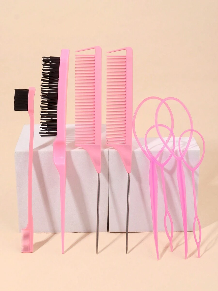 8入組專業髮型造型刷套裝,配有老鼠尾梳,邊緣刷和尼龍撕裂刷-輕鬆達成完美髮型,2入老鼠尾梳,1入多功能兩用梳/髮邊刷,4入髮辮工具,1入髮刷/梳(粉色) - 粉色 - 查看 1