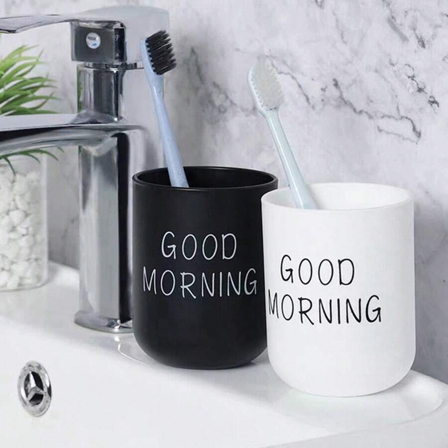 2 cốc súc miệng di động, chất liệu nhựa, dùng đựng bàn chải đánh răng tại nhà/khách sạn, phụ kiện phòng tắm, trang trí nhà cửa, trang trí mùa thu, trang trí mùa tựu trường. - Đen và trắng - Xem 1