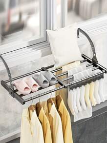 Estante de secado de ropa de balcón Estantería de secado de ropa retráctil para el hogar Colgador de ropa de barandilla de ventana Estante de zapatos y ropa al aire libre - Negro - Ver 2