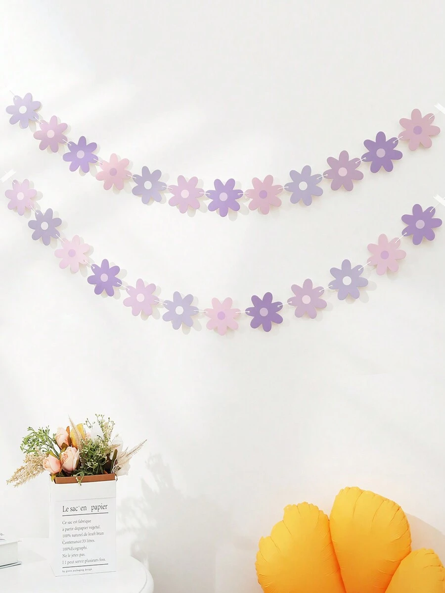 1set/2pcs Purple Gradient Daisy Flower Garland Banner For Birthday Party Scene Decoration - Purple - View 1