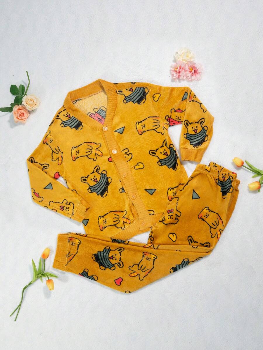 Pijama Polar Para Mujer Conjunto de 2 Piezas, Ultrasuave y Caliente, Camisa Con Botones, Pantalón, Limited Edition Deluxe, 6 Diseños Únicos - Amarillo Mostaza - Ver 1