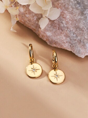 1pair Golden Eight-pointed Star Shaped Round Medallion Earrings With Cubic Zirconia