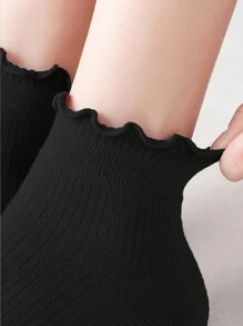 1/3/5/10 pares de calcetines cortos para mujer de color liso, estilo japonés dulce y lindo, con ribete de volantes, moda minimalista - Negro - Ver 4