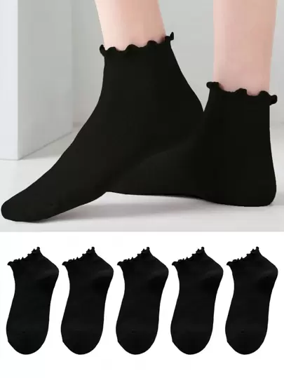 5pairs/set Solid Color Sweet & Lovely Japanese Style Socks With Frilled Cuff For Women