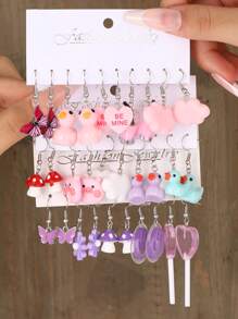 17KM 30 Piezas Lindos Aretes Con Forma De Flor, Hongo, Nube Y Corazón En Estilo Caricatural Para Mujer, Perfectos Para Vacaciones, Citas, Regalos O Uso Diario. - Multicolor - Ver 1