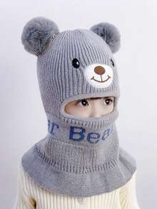 1頂溫暖的卡通熊形狀針織帽子,帶毛球裝飾,適合兒童