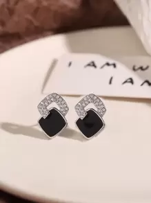 1 对银框黑色方晶锆石方形耳钉 - 彩色 - 查看 3