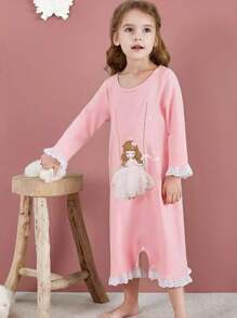女童睡衣春秋公主風夏季家居服女孩兒童連體睡衣 - 粉色 - 查看 1
