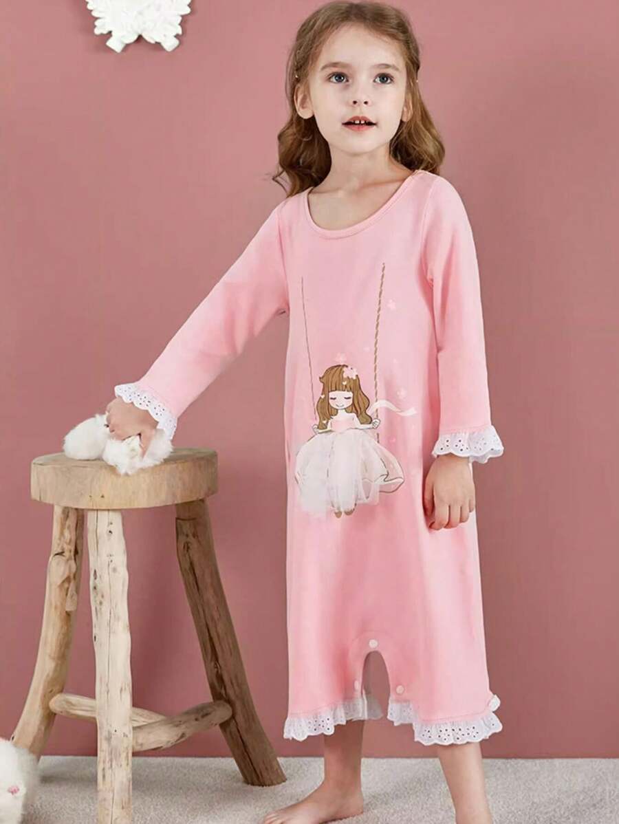 女童睡衣春秋公主風夏季家居服女孩兒童連體睡衣 - 粉色 - 查看 1
