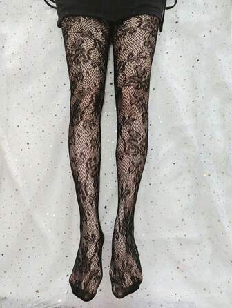 1對女士黑色性感花紋蕾絲網襪，少女長襪