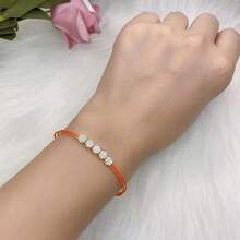 Moonmory 1條925純銀白晶石五移石頭橘色繩帶手鍊,女性聖誕禮物 0.8mm 厚度 18k 鍍金色