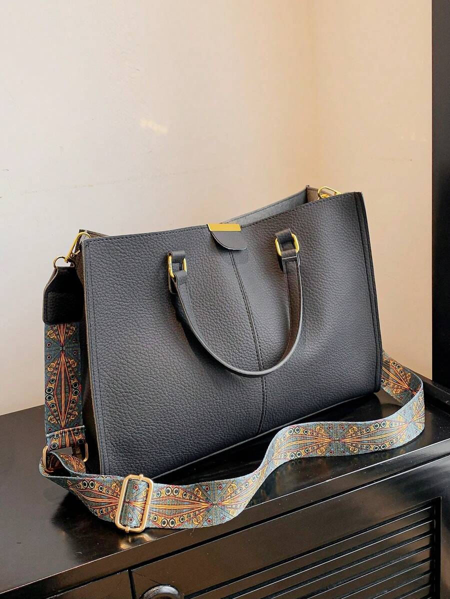 柔软大容量手提包适合工作和日常使用，复古百搭手提包，荔枝纹 PU 单肩斜挎通勤包，方便使用磁扣大包 - 黑色 - 查看 1