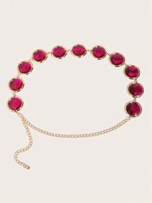 1pc Pink Round Rhinestone Waist Chain For Women, Match With Long Skirt - Pink - View 4