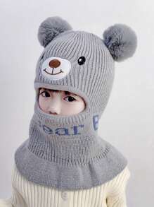 1頂溫暖的卡通熊形狀針織帽子,帶毛球裝飾,適合兒童