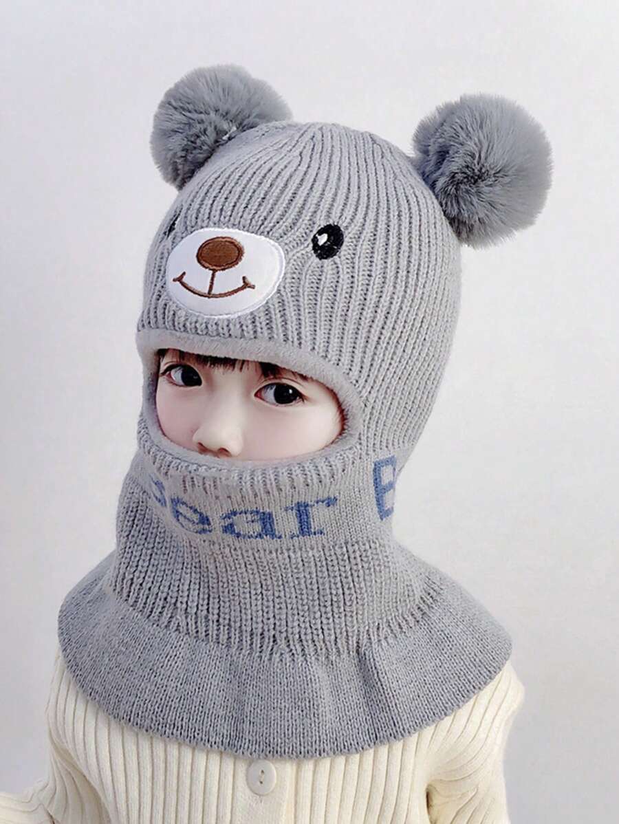 1頂溫暖的卡通熊形狀針織帽子,帶毛球裝飾,適合兒童