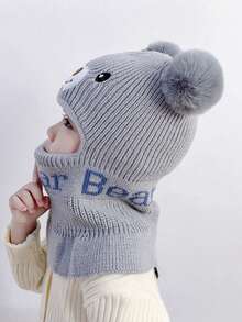 1頂溫暖的卡通熊形狀針織帽子,帶毛球裝飾,適合兒童