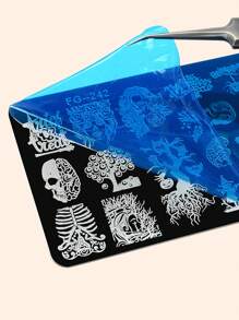 美甲不銹鋼燙金板帶藍色保護膜萬聖節系列南瓜骷髏設計印刷模板 - 彩色 - 查看 3