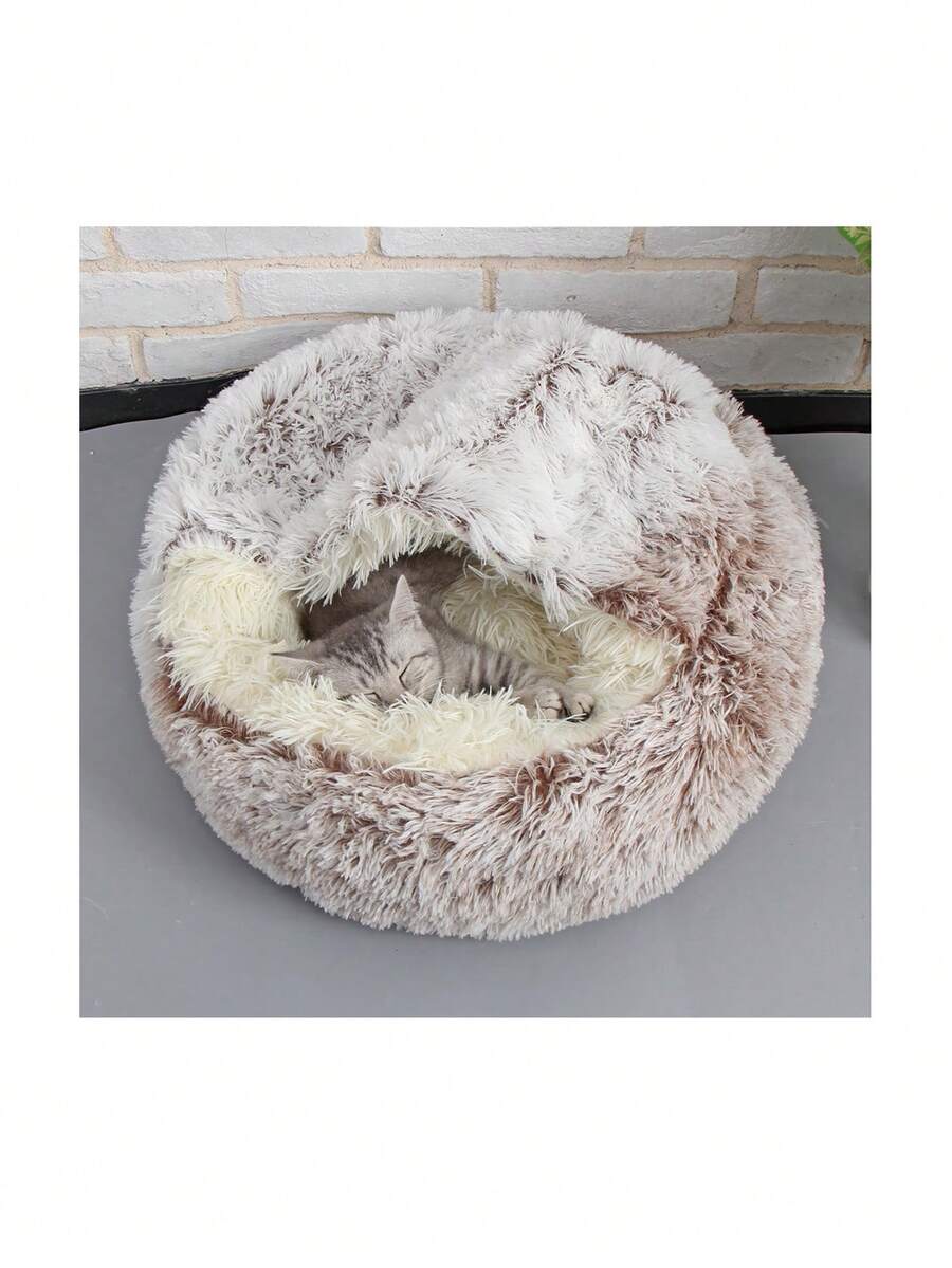 1入組短毛絨多色半封閉式寵物床,適合小型和中型貓狗,四季皆可使用,睡覺時的半環狀巢穴 - 卡其色 - 查看 1