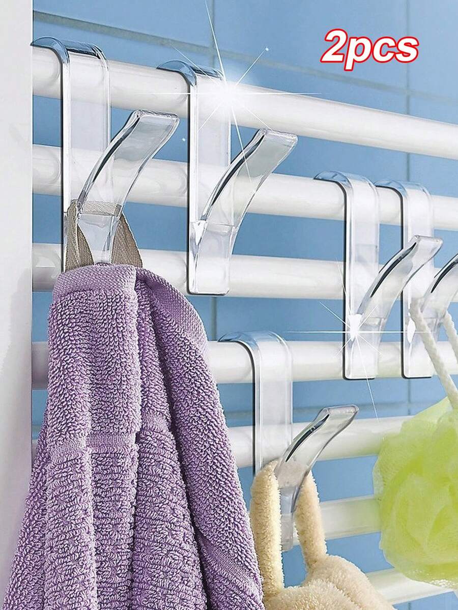2pcs Transparent Kitchen & Bathroom Clothes Clamps For Storage, Towel Hanger Radiator Rail Scarf, Clothing Hook - Clear - View 1