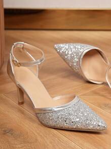 Silver Glitter Ankle Strap Pointed Toe High-heeled Sandals With Hollow Out Design, Spring And Autumn New Style - Silver - View 6