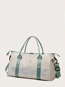 米色字母旅行行李包鞋櫃大容量運動健身包便攜週末過夜包字母圖案運動戶外旅行包 - 米色 - 查看 5