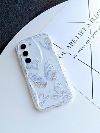 Fairycore 2000 年代时尚 1 件创意个性化激光银蝴蝶 INS 风格保护壳适用于三星 S24/S23/S22/S21/A02/A03/A04/A05/A10S/A20S/A21S/A11/A12/A13/A14/A15/A22/A23/A24/A25/A30/A31/A32/A33/A34/A35/A50/A51/A52/A53/A54/A55/A71/A72/A73/Plus/Ultra/S20FE/FE/S，透明 3D 波浪边全覆盖防摔外壳，采用清新、奢华、休闲和可爱的设计防水防震防刮