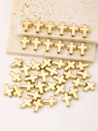 40pcs Stylish 3d Plating Abs Perforated Cross Beads For Diy Handmade Bracelet, Necklace, Jewelry Making