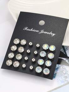 Set De 24 Pares De Aretes De Cristal De Diamante De Imitación Simples Y Brillantes Para Vacaciones Y Uso Diario De Los Hombres - Plateado - Ver 3