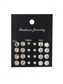Set De 24 Pares De Aretes De Cristal De Diamante De Imitación Simples Y Brillantes Para Vacaciones Y Uso Diario De Los Hombres - Plateado - Ver 4