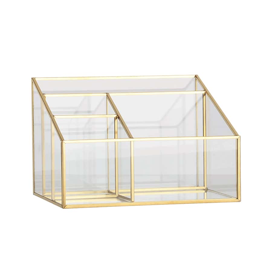1 pieza Lujosa caja organizadora de maquillaje de vidrio transparente y reclinable, caja de almacenamiento de escritorio, soporte para exhibición de joyería, regalo del Día de San Valentín, vuelta a la escuela