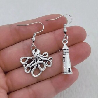 新款创意复古银色章鱼灯塔吊坠耳环 个性化珠宝