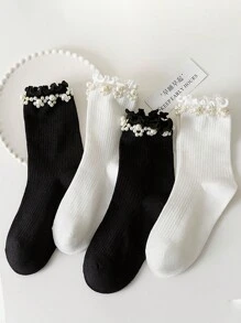 2 Paia Calze A Mezza Gamba Da Donna Con Pizzo Di Perle Nere E Bianche Di Stile Creativo Ins, In Rete Floreale Traspirante E Assorbente Il Sudore - Bianco e nero - Visualizzare 3