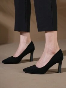 女士時尚高跟新娘鞋,粗跟黑色性感尖頭工作泵