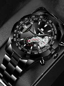 Va Va Voom 品牌男士時尚手錶套裝，黑色鋼帶，防水，夜燈和日期顯示，適合日常裝飾 - 黑色 - 查看 13