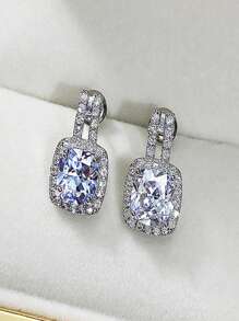 1对简约新娘方形立方氧化锆韩式优雅奢华水钻耳钉，休闲情人节配饰