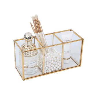 1入金鍍北歐風格黃銅&玻璃化妝品收納盒,3個格子,非常適合放置在桌面上存放化妝品和珠寶,ins風格