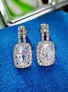 1对简约新娘方形立方氧化锆韩式优雅奢华水钻耳钉，休闲情人节配饰
