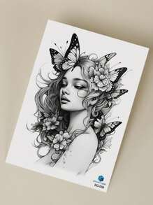 STARTTOOS 1pc Women's Butterfly & Flower Pattern Large Flower Temporary Tattoo Sticker For Arm/Chest/Back - Black - View 5