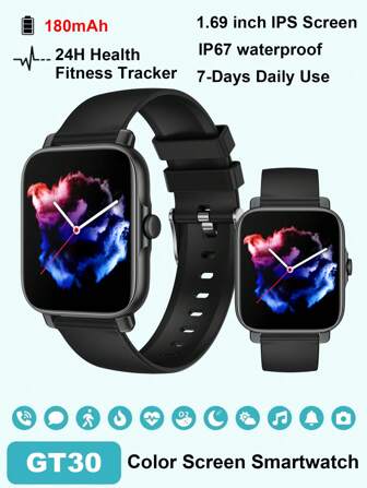 1pc Black Gt30 Smart Watch With Call Function, Heart Rate, Blood Pressure, Blood Oxygen, Fitness Tracker, Pedometer, And Health Monitor
