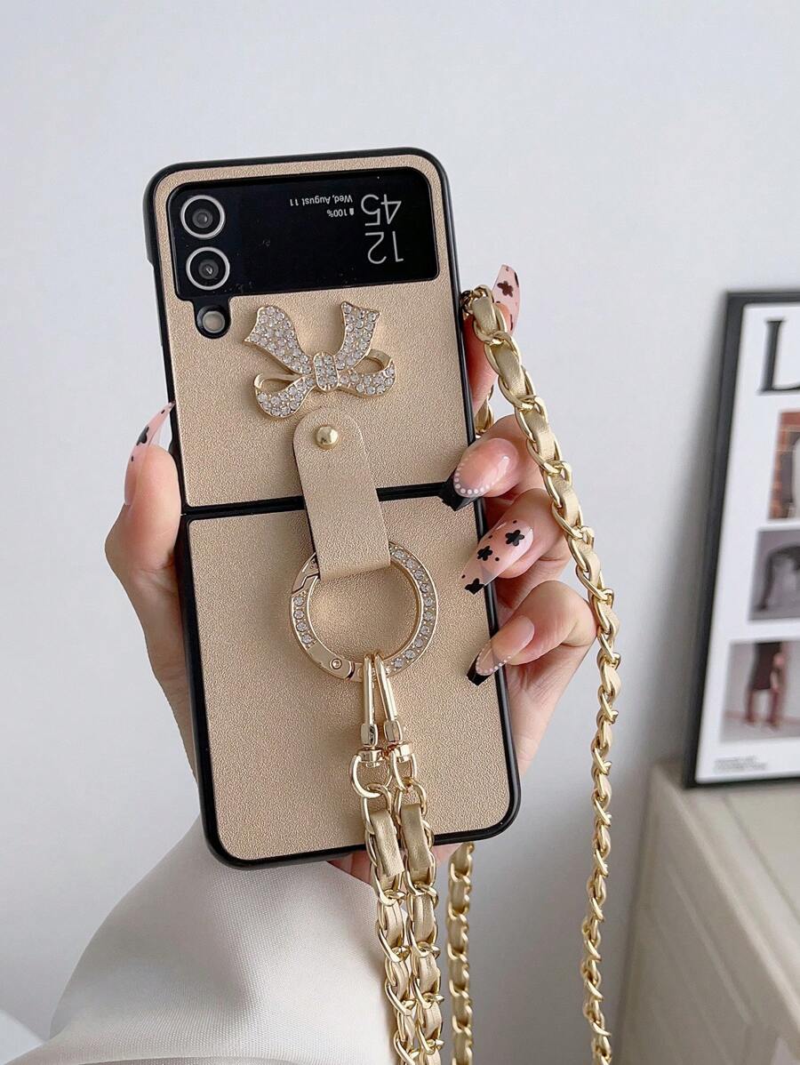 Bowknot Pattern Crossbody Phone Case Compatible With Samsung Foldable Screen, Shockproof, Khaki & Gold - Green - View 1