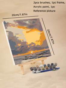 成人入门级数码油画，20英寸x20英寸/30英寸x30英寸画布，包含2支画笔、丙烯颜料、花卉和风景图案 - 亮橙色 - 查看 3