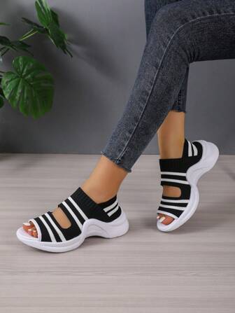 Women's Athletic Sandals, New Summer Model, Knitted Wedge Flat Platform Sneakers, Lightweight Thick Sole Casual Travel Shoes, Retro Style