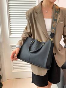 柔软大容量手提包适合工作和日常使用，复古百搭手提包，荔枝纹 PU 单肩斜挎通勤包，方便使用磁扣大包 - 黑色 - 查看 3