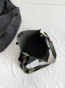 柔软大容量手提包适合工作和日常使用，复古百搭手提包，荔枝纹 PU 单肩斜挎通勤包，方便使用磁扣大包 - 黑色 - 查看 6